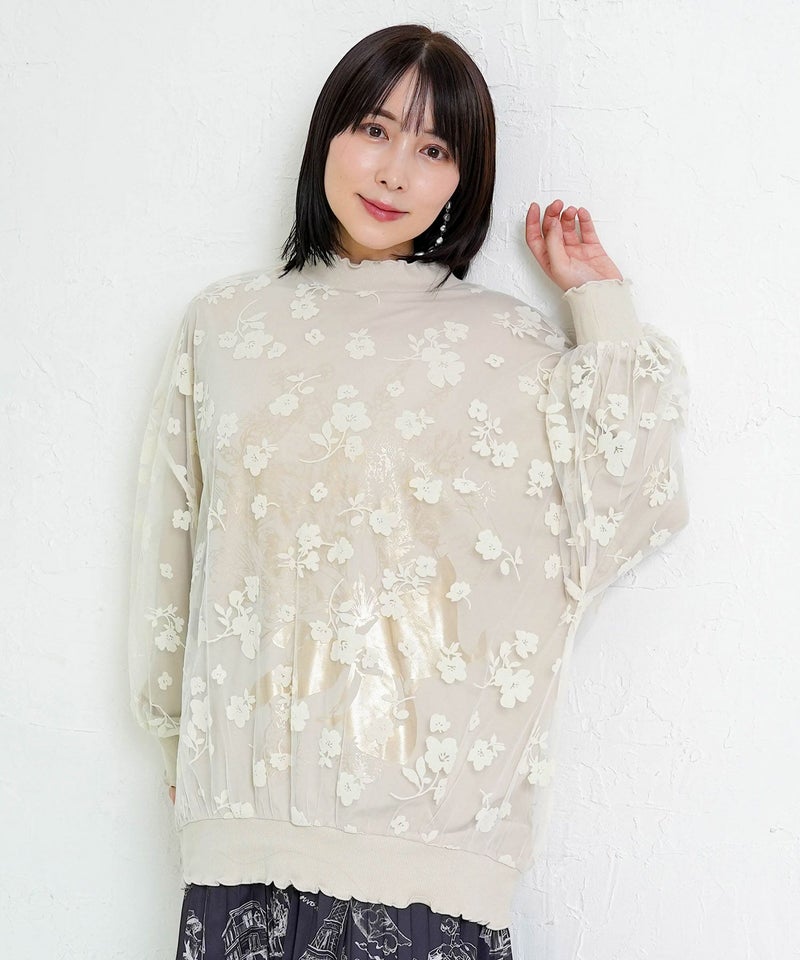 花束柄箔プリントチュール重ねプルオーバー-15