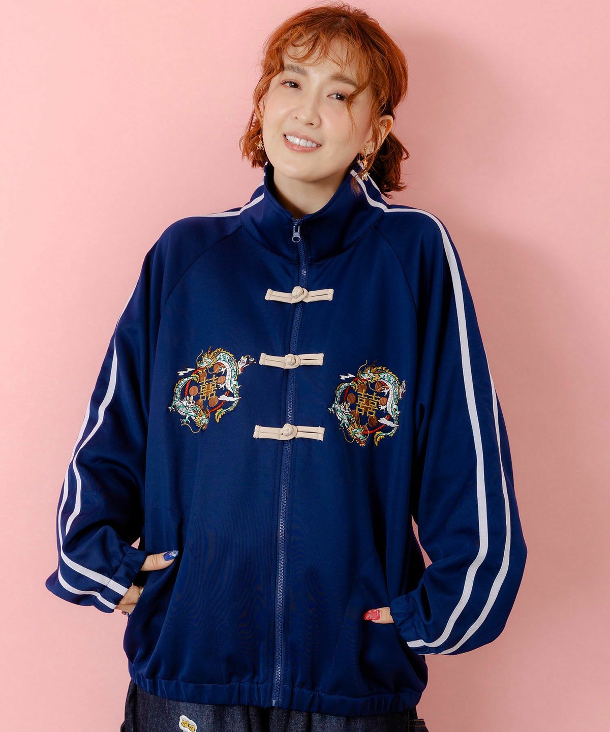 ウサギと龍刺繍 カンフーボタンジャージ-1