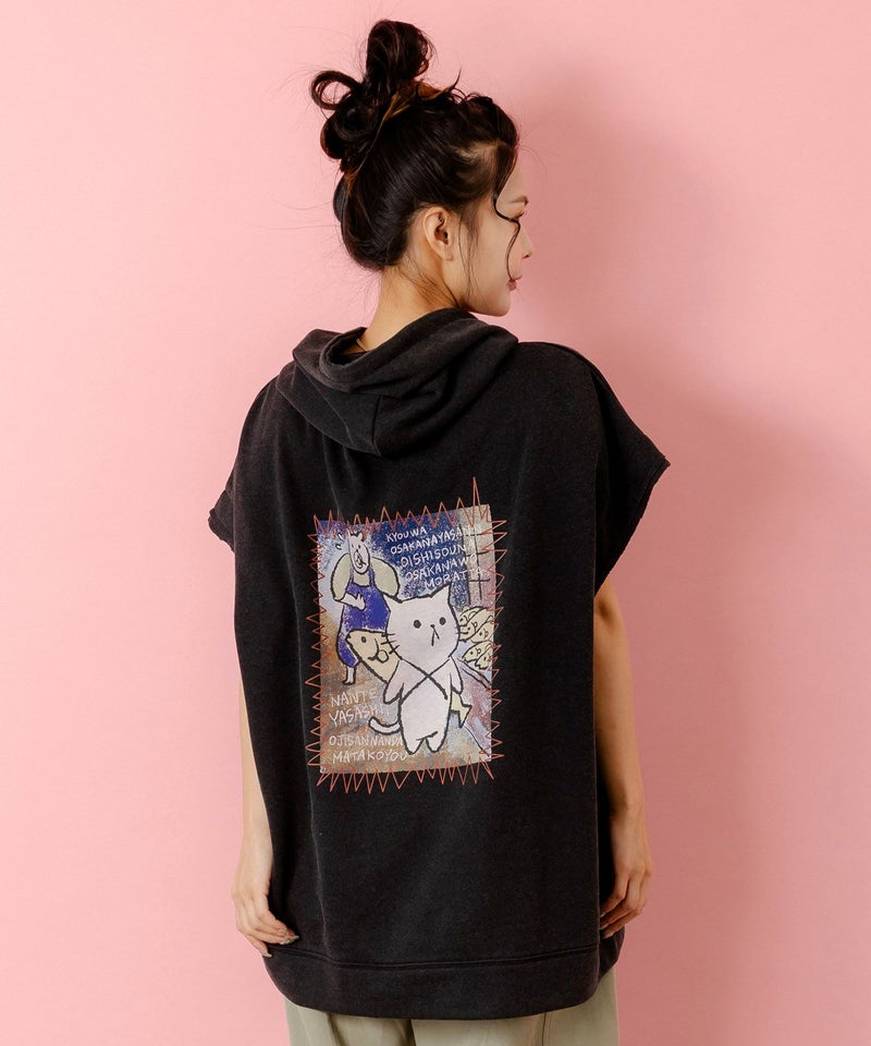 魚屋さんとネコ柄 ケミカル加工ノースリーブパーカー-5