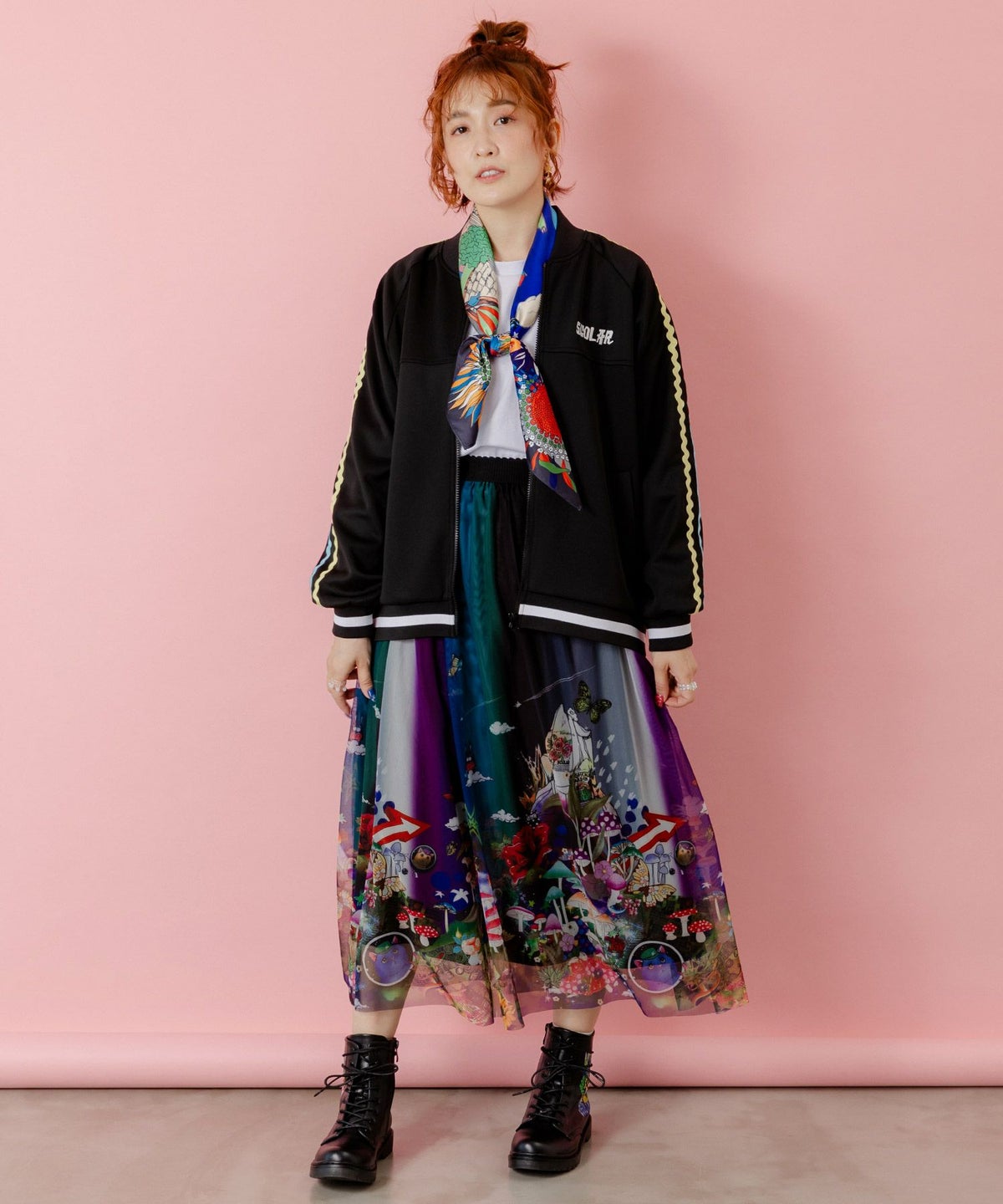 花とスカラー刺繍 ジャージブルゾン-2