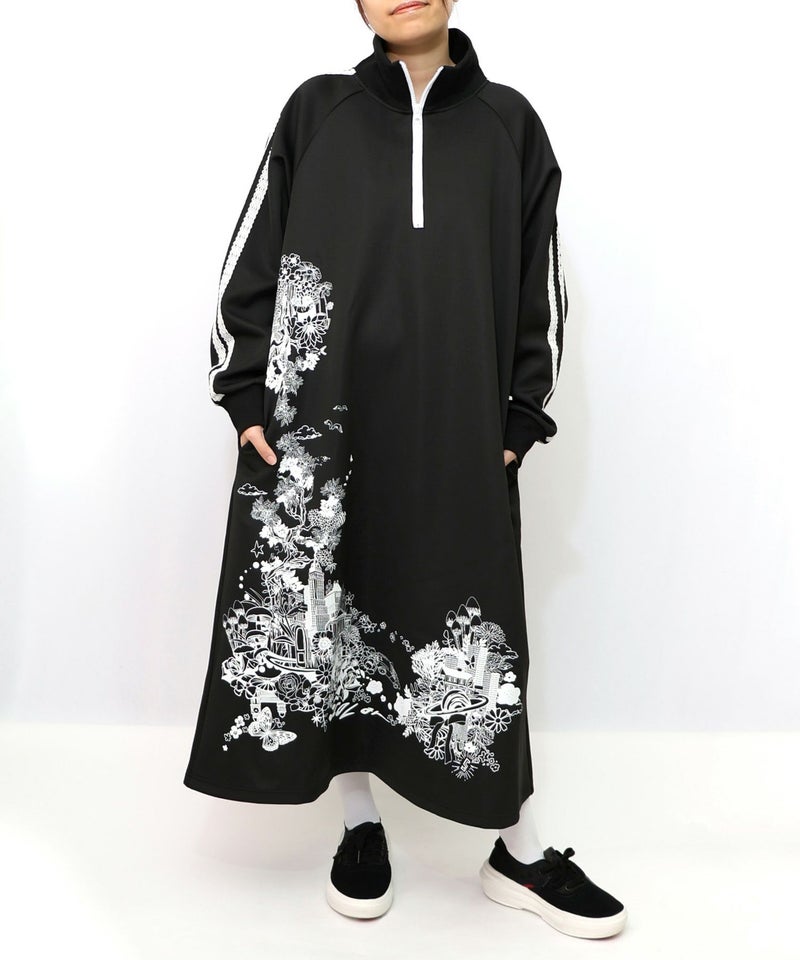 風景柄ハーフジップジャージワンピース-9