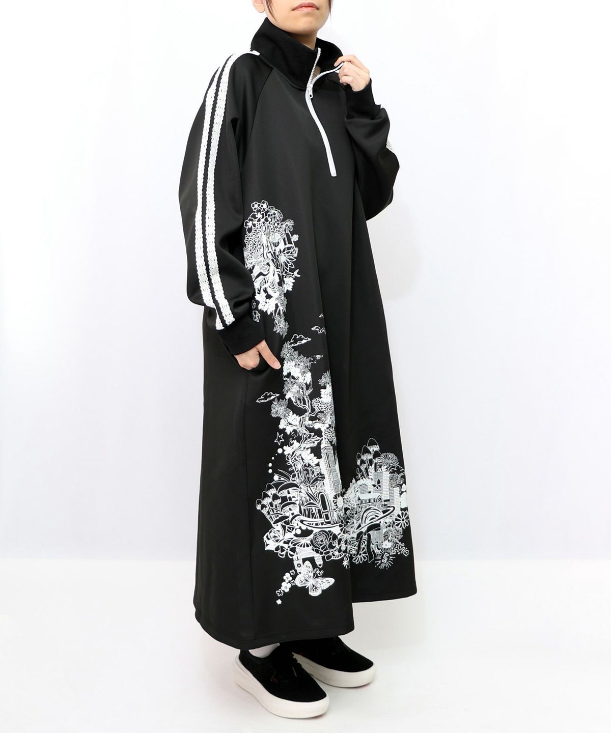 風景柄ハーフジップジャージワンピース-10