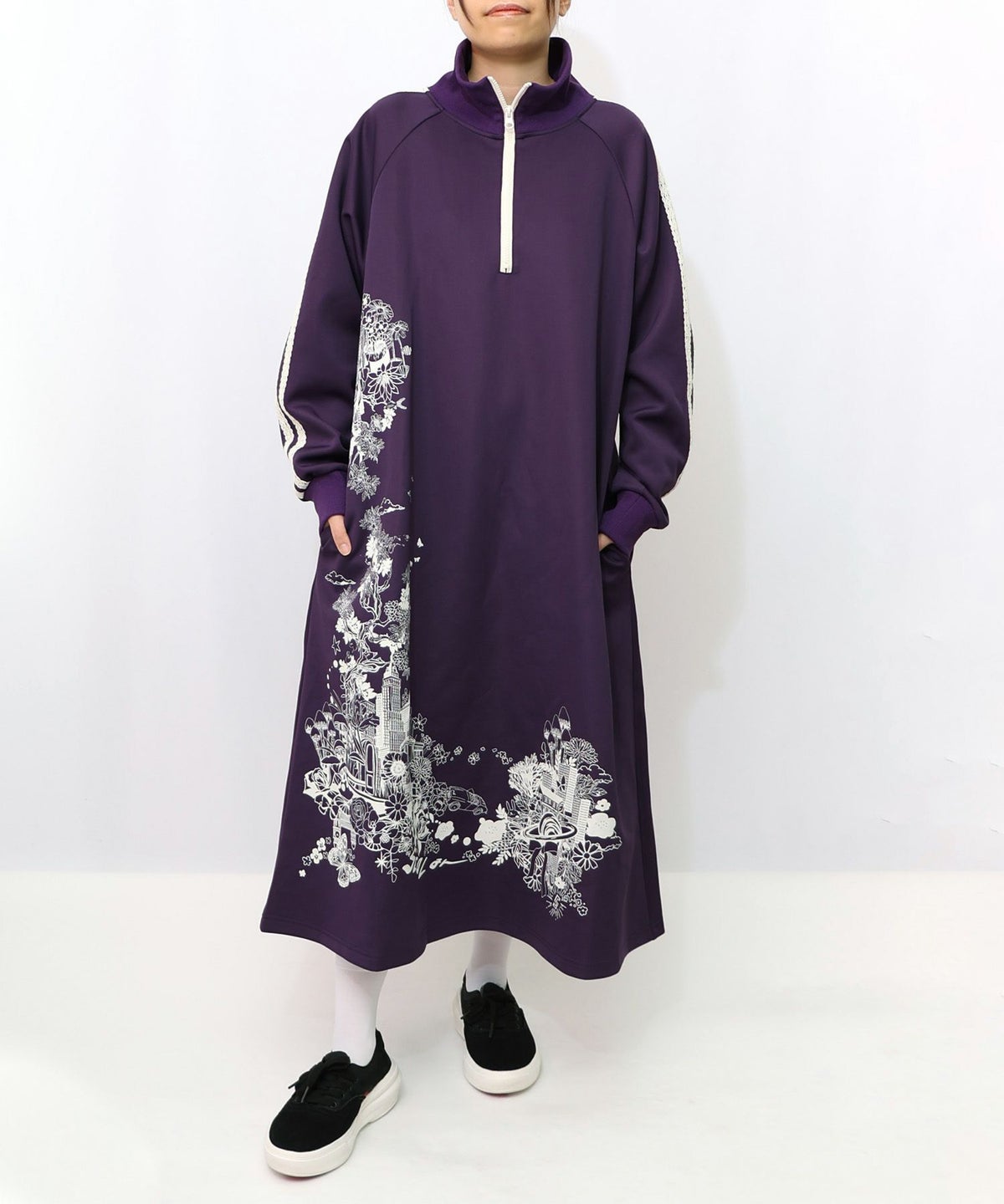 風景柄ハーフジップジャージワンピース-13