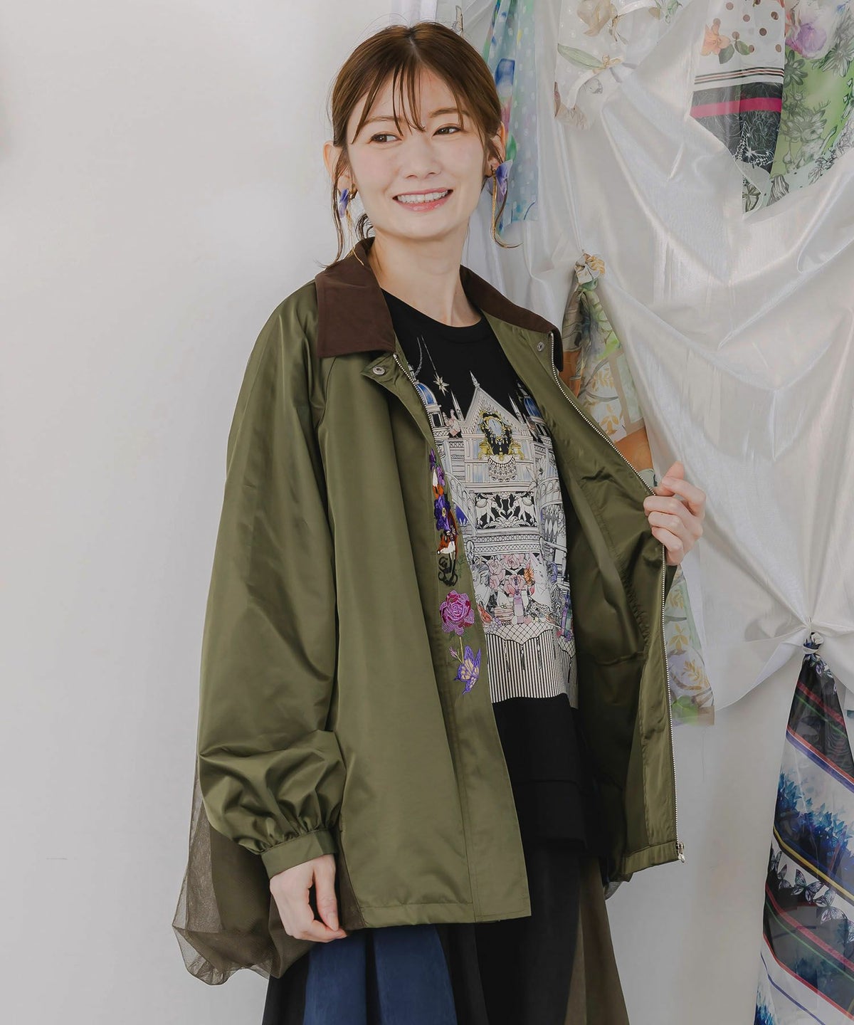 キツネと花刺繍 チュール重ねブルゾン-3