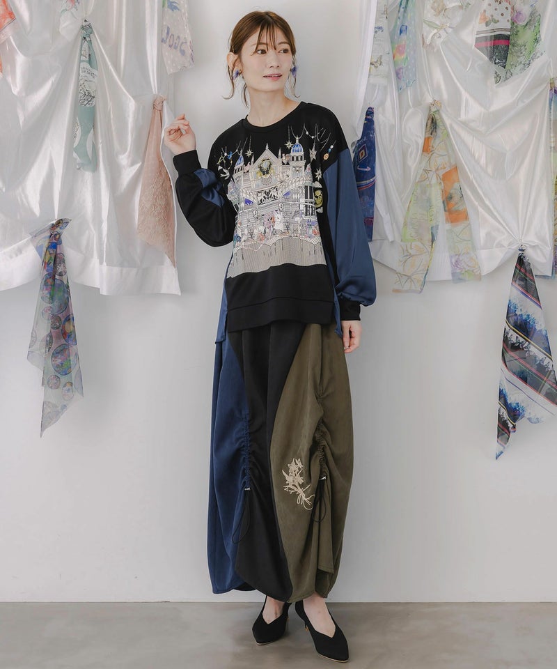 花刺繍バイカラー切替 ドロストスカート-2