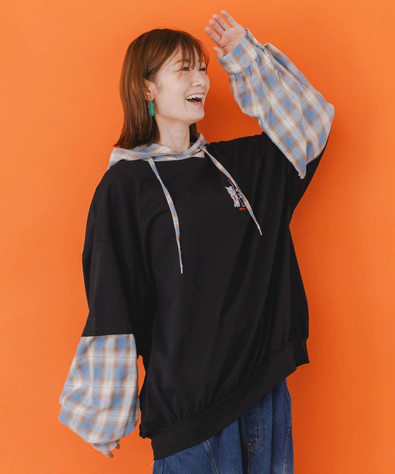 ネコとラビルのチェック柄切替フーデッドプルオーバー-3