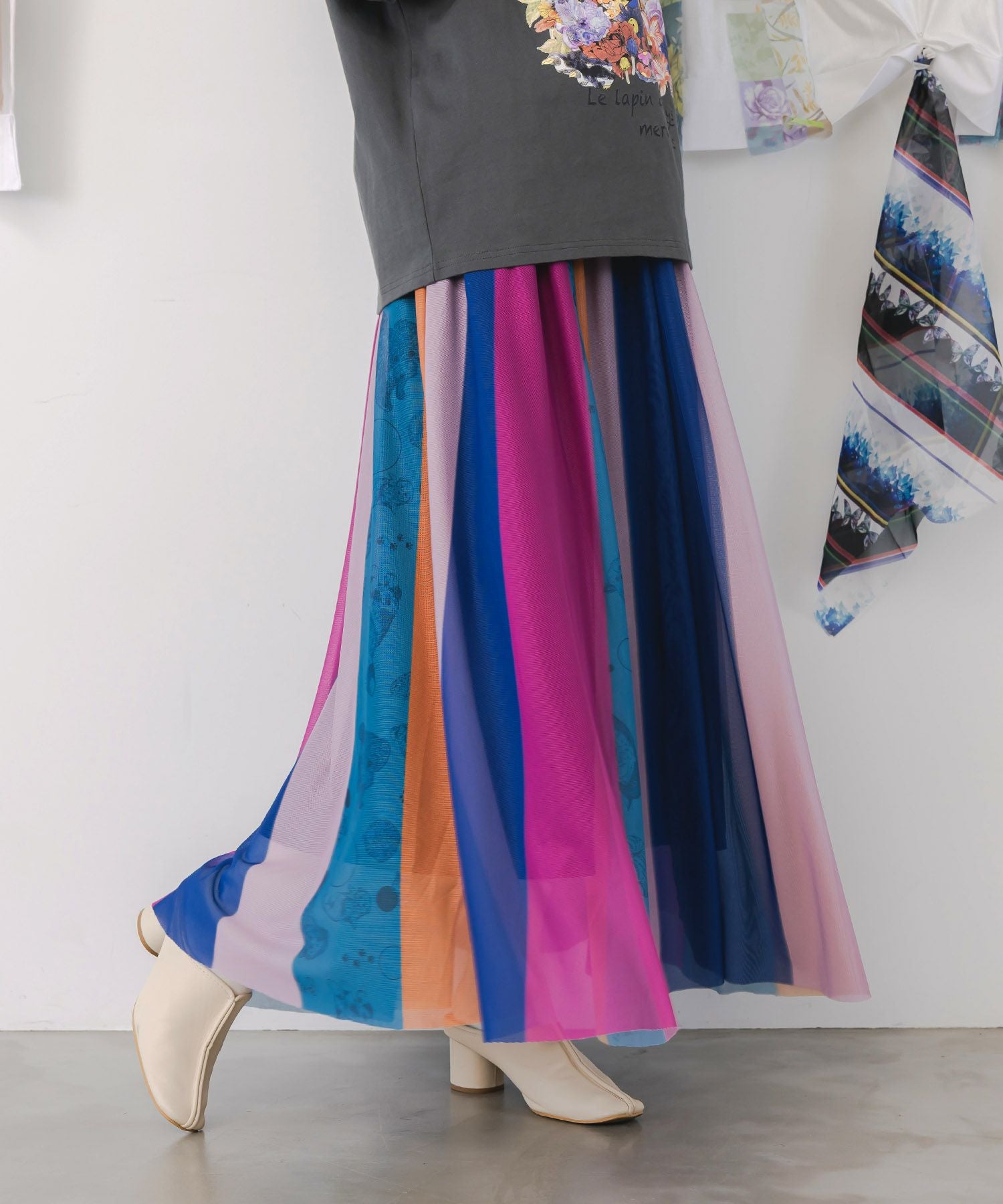 153656：アニマル柄切替 マルチカラーチュールスカートの通販-ScoLar