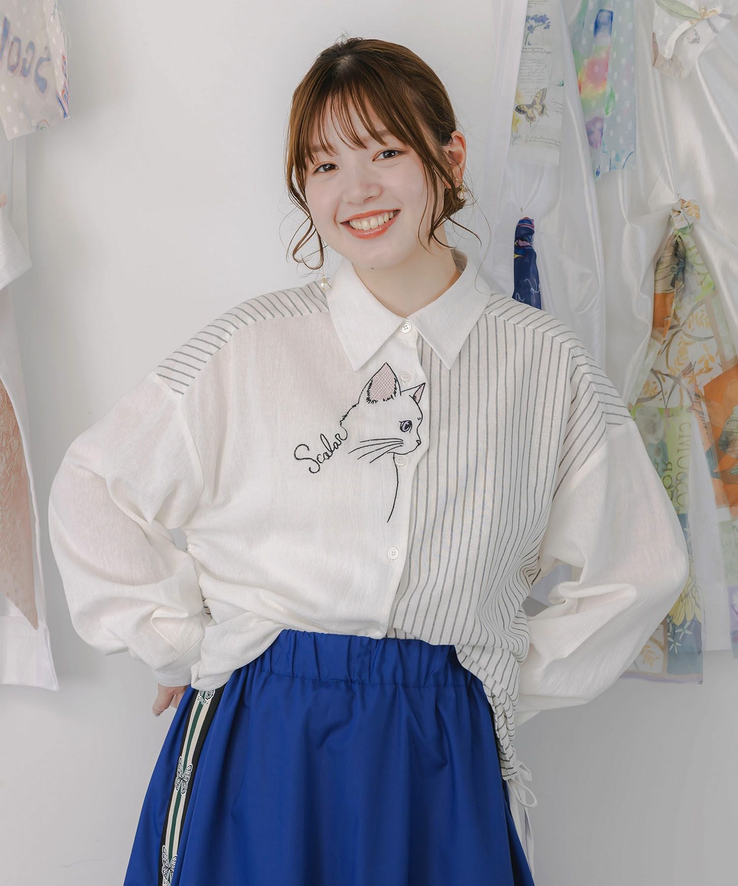 ty様 153655：ネコの横顔刺繍 ストライプ切替シャツの通販-ScoLar