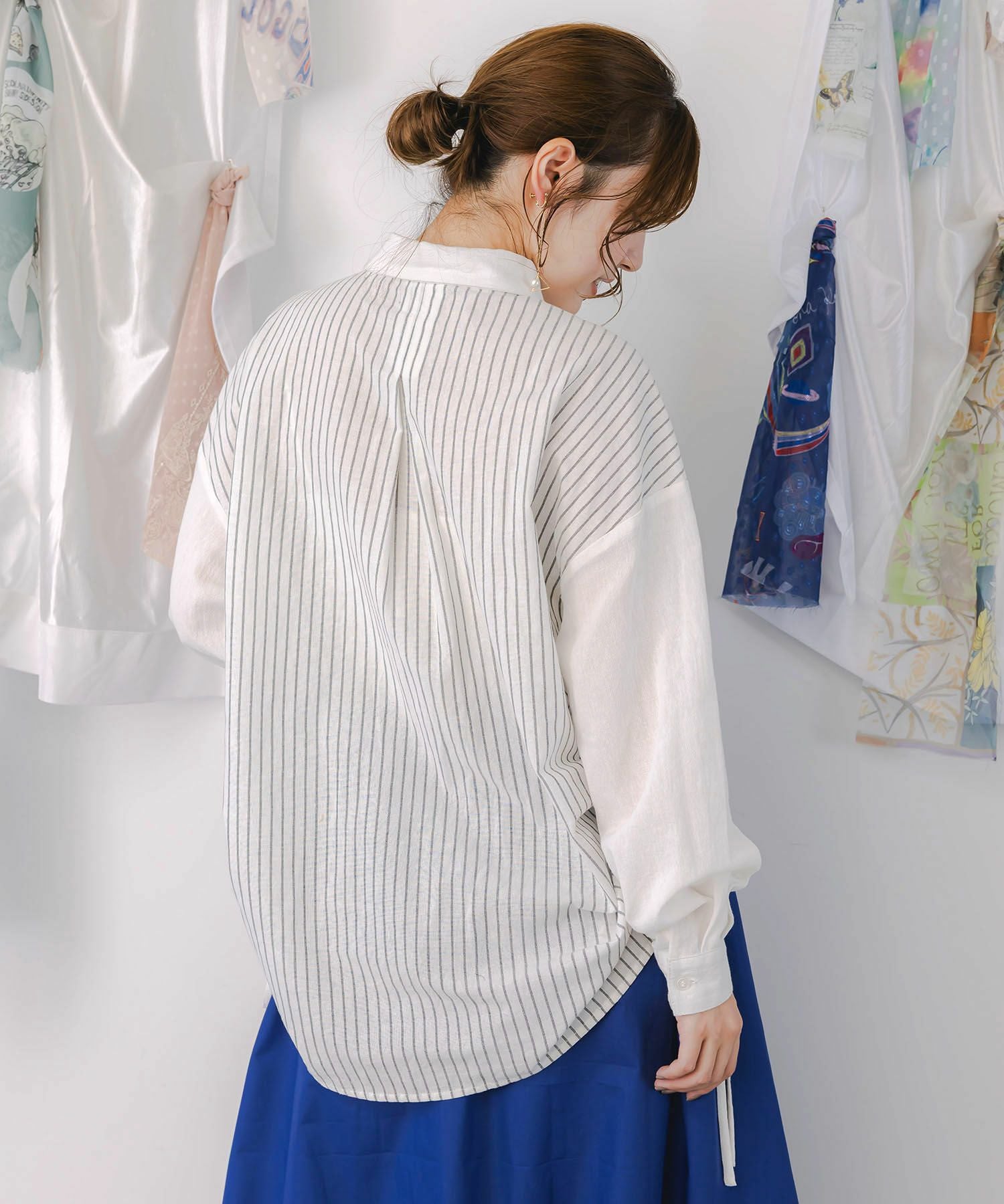 153655：ネコの横顔刺繍 ストライプ切替シャツの通販-ScoLar