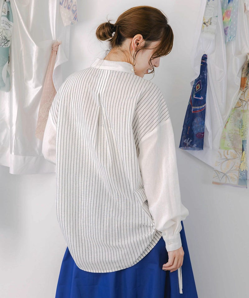 ネコの横顔刺繍 ストライプ切替シャツ-5