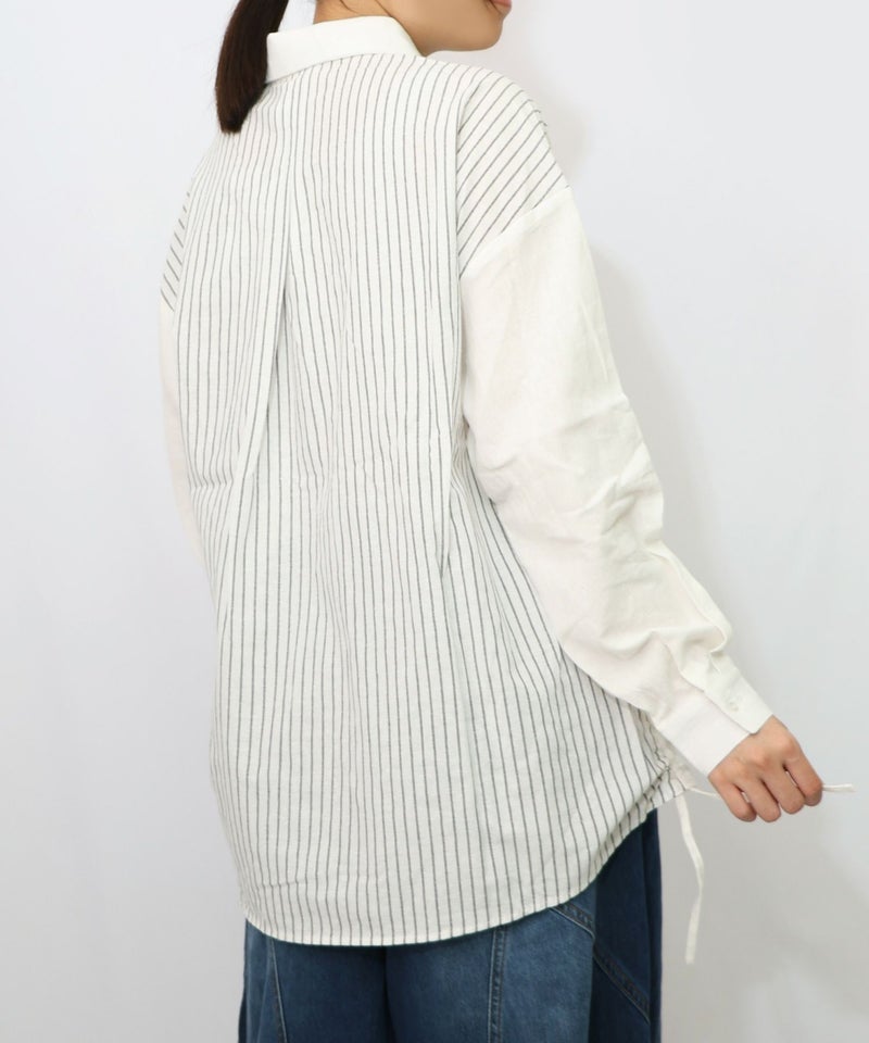 ネコの横顔刺繍 ストライプ切替シャツ-9