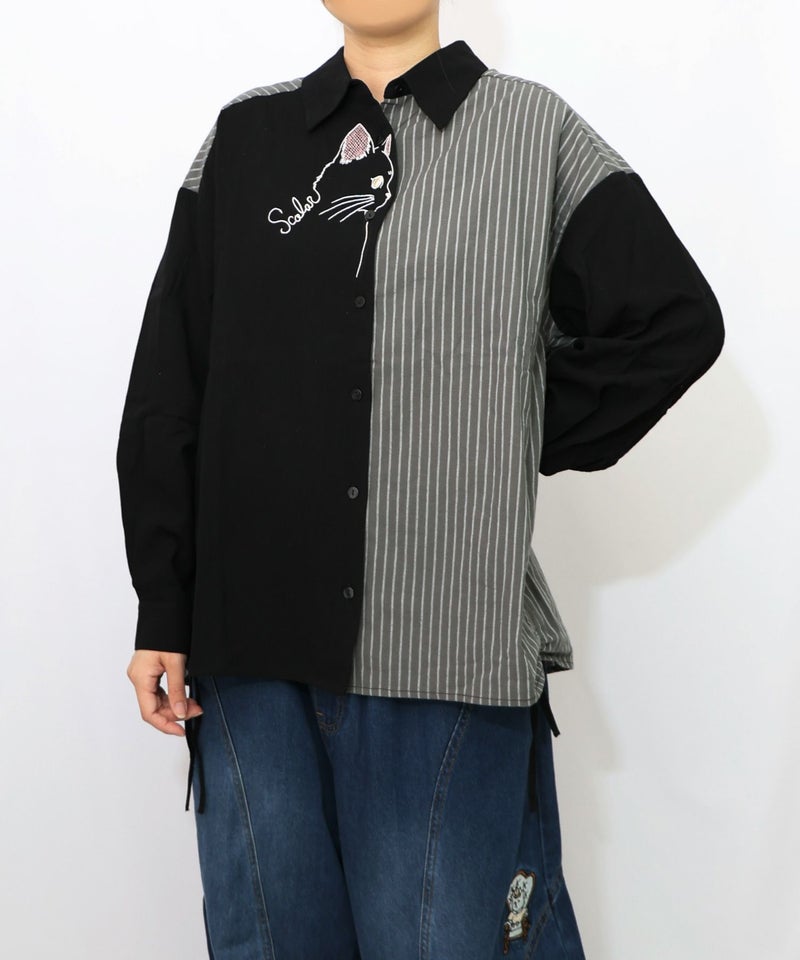 ネコの横顔刺繍 ストライプ切替シャツ-11