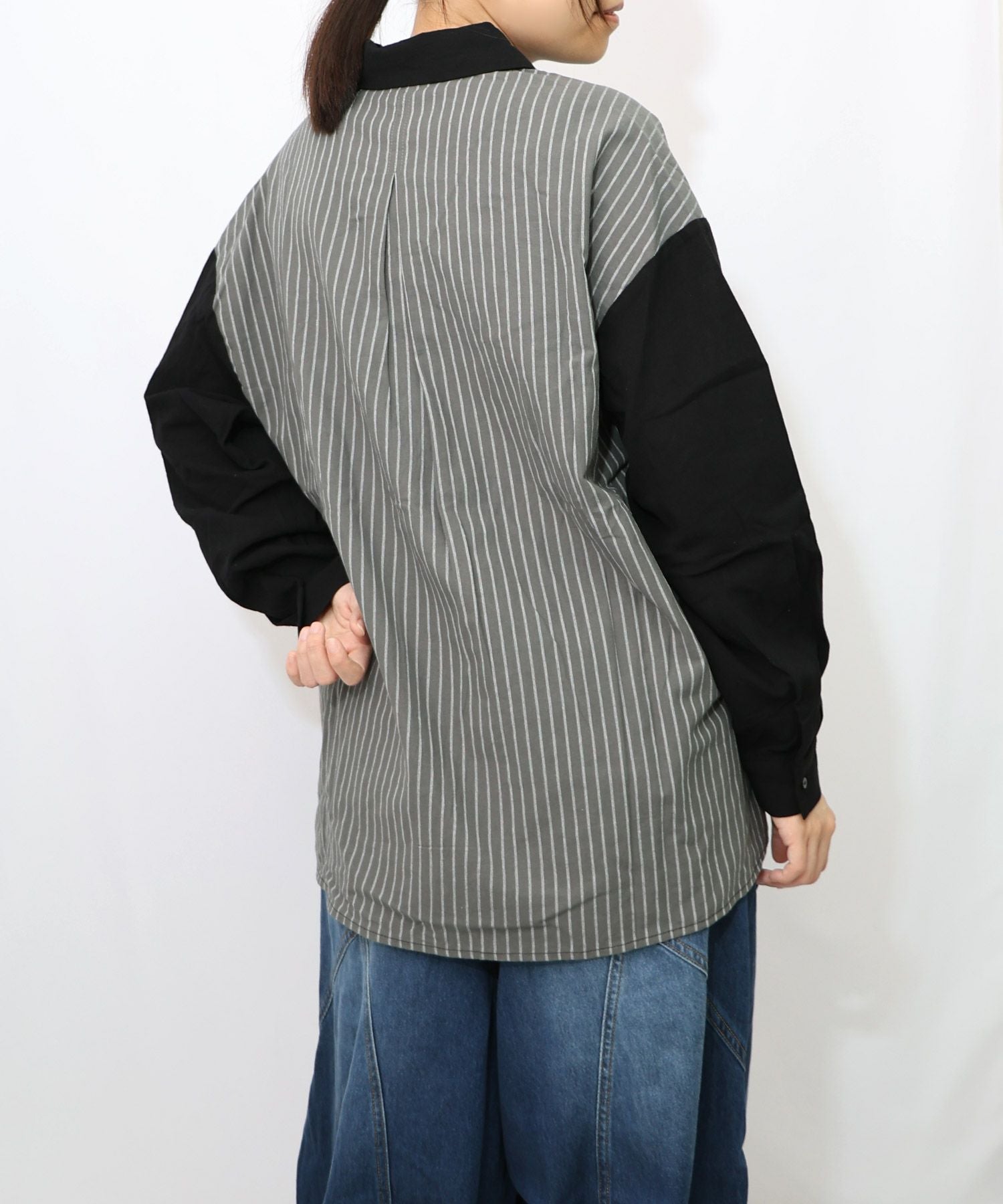 153655：ネコの横顔刺繍 ストライプ切替シャツの通販-ScoLar