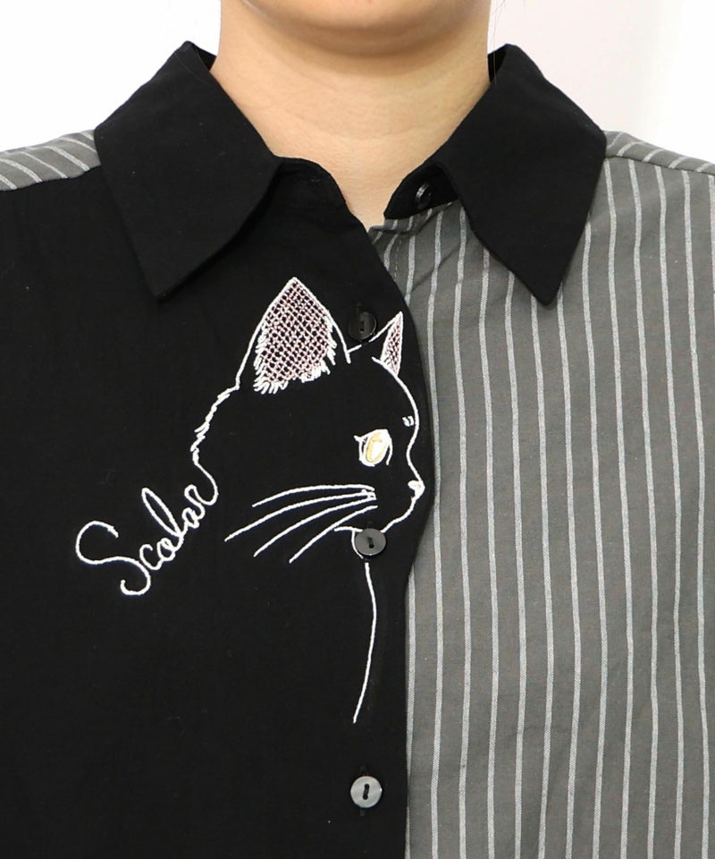 ネコの横顔刺繍 ストライプ切替シャツ-14