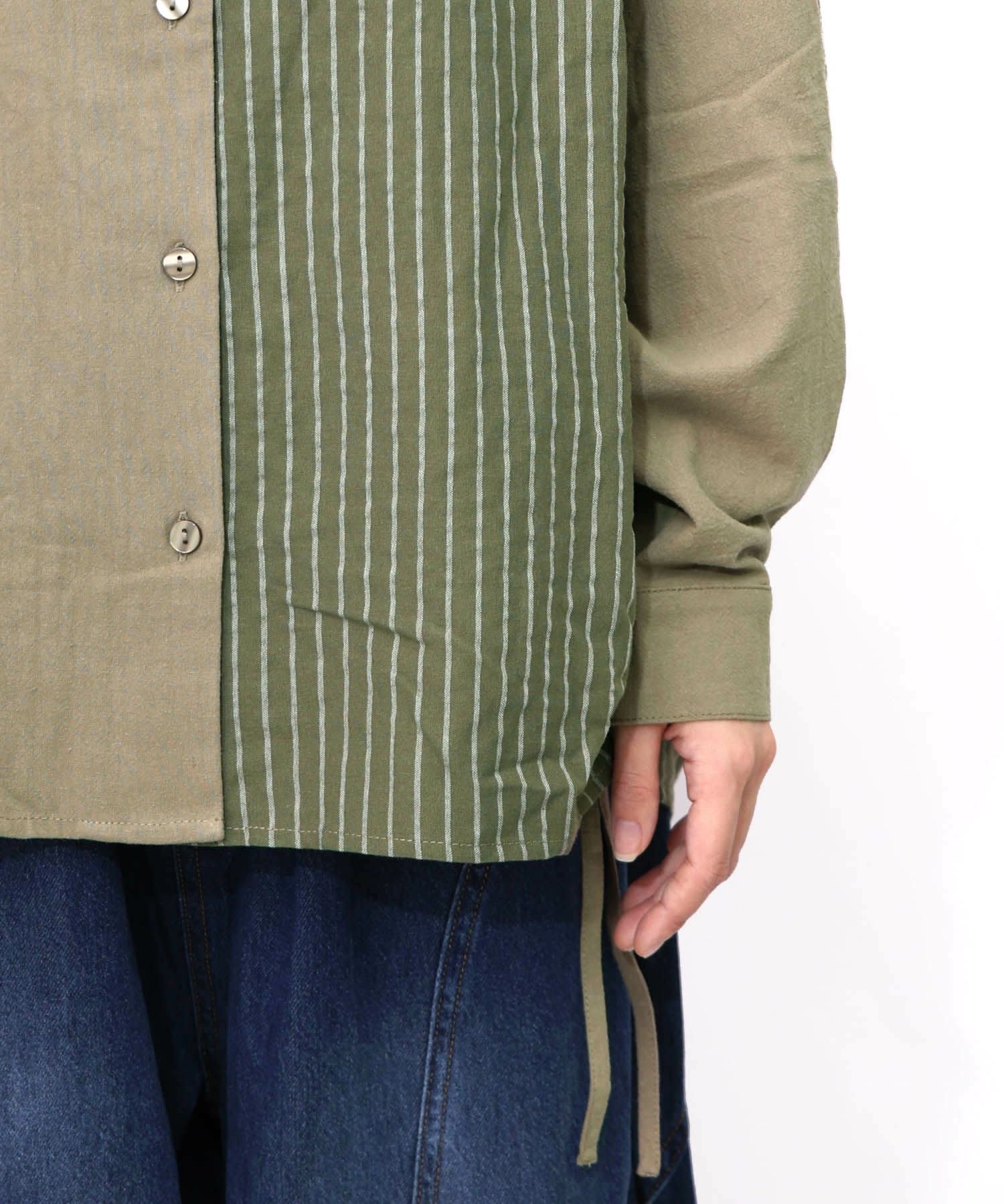 153655：ネコの横顔刺繍 ストライプ切替シャツの通販-ScoLar