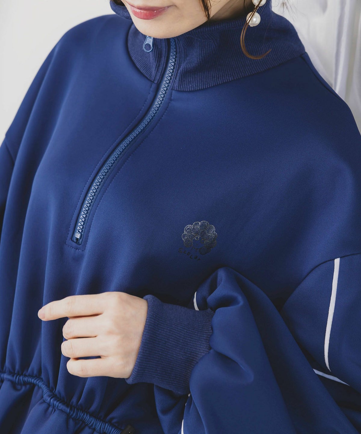 花柄に隠れ黒ネコ柄 ハーフジップジャージワンピース-6