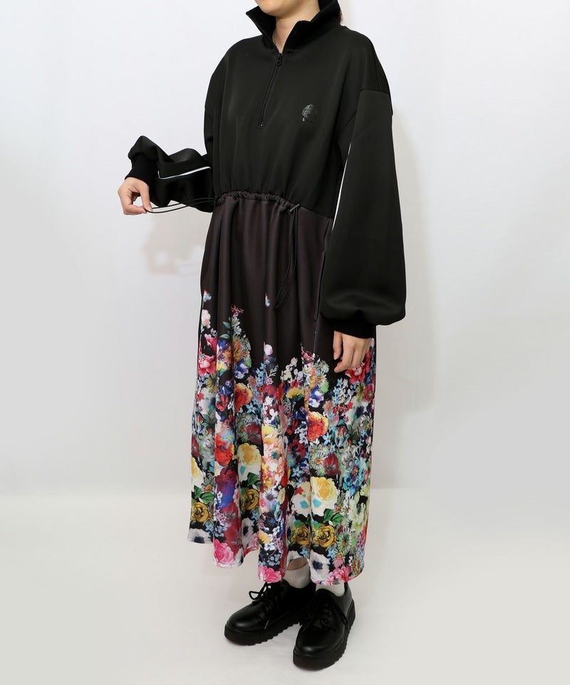 花柄に隠れ黒ネコ柄 ハーフジップジャージワンピース-10
