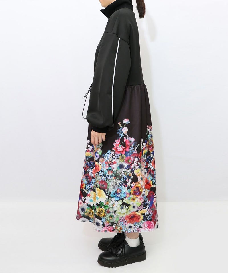 花柄に隠れ黒ネコ柄 ハーフジップジャージワンピース-11