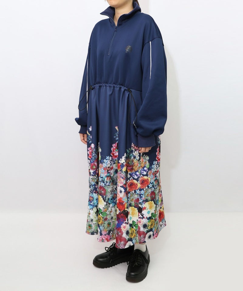 花柄に隠れ黒ネコ柄 ハーフジップジャージワンピース-14