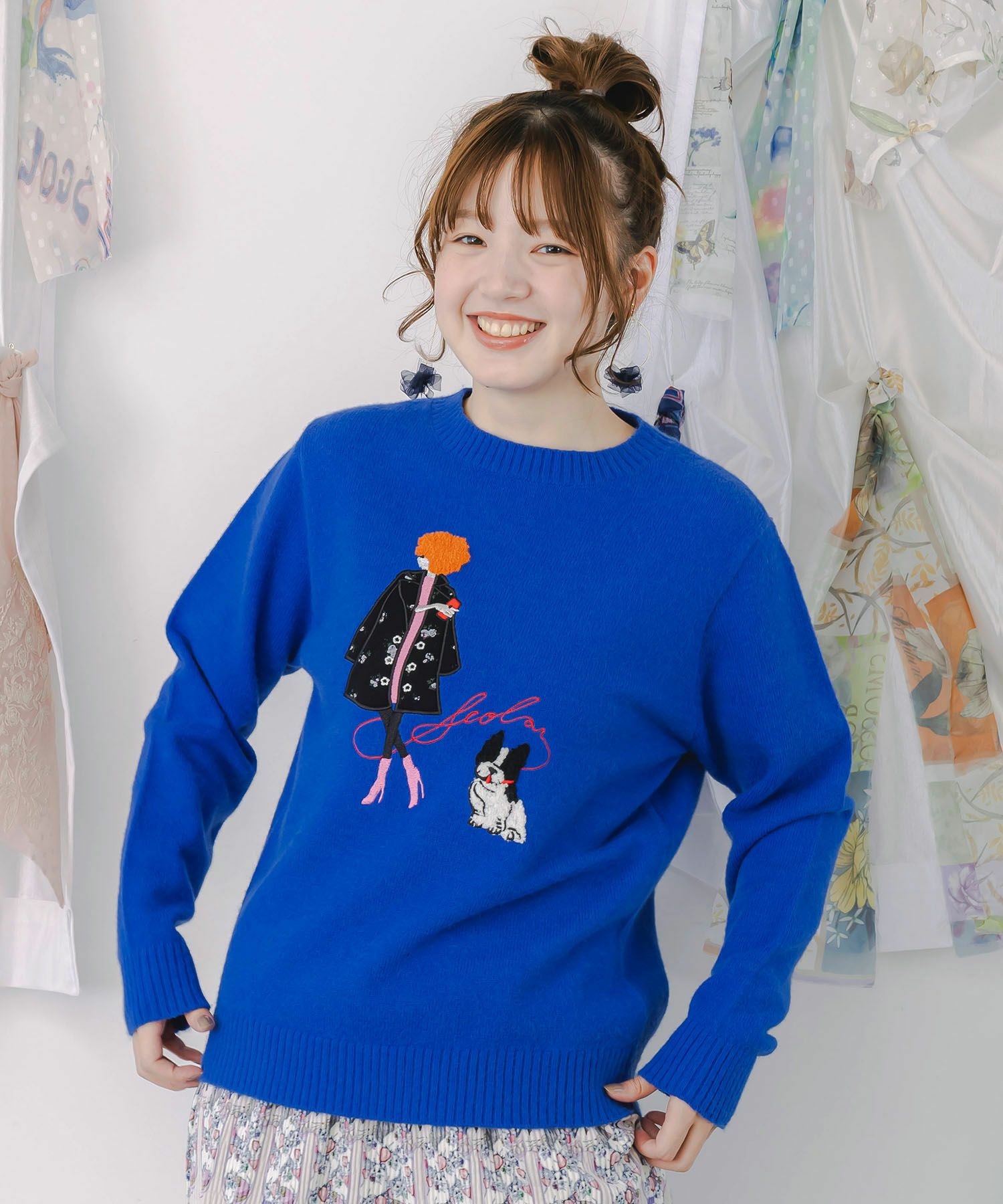 153638：女の子とワンちゃん刺繍アップリケ ニットプルオーバーの通販