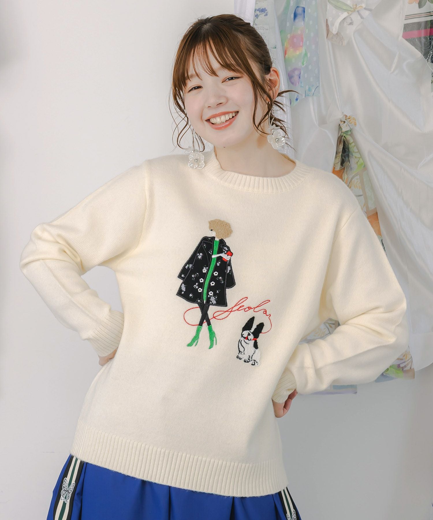 153638：女の子とワンちゃん刺繍アップリケ ニットプルオーバーの通販