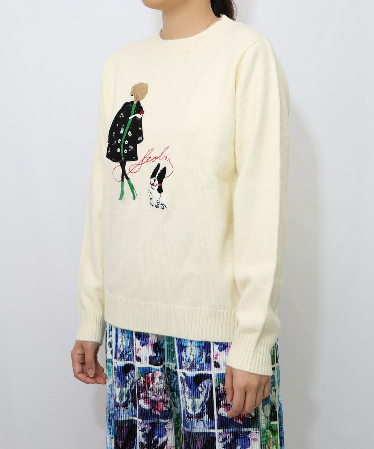 女の子とワンちゃん刺繍アップリケ ニットプルオーバー-14