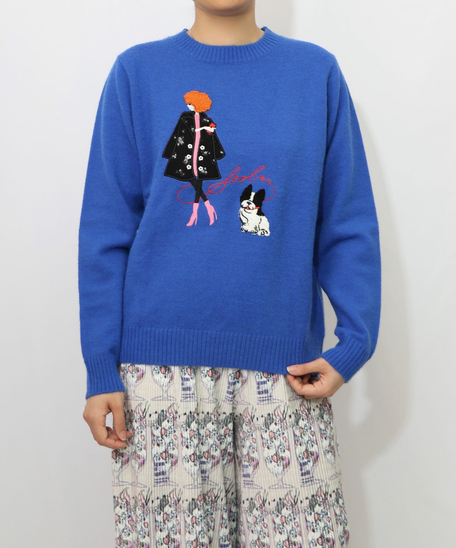 153638：女の子とワンちゃん刺繍アップリケ ニットプルオーバーの通販