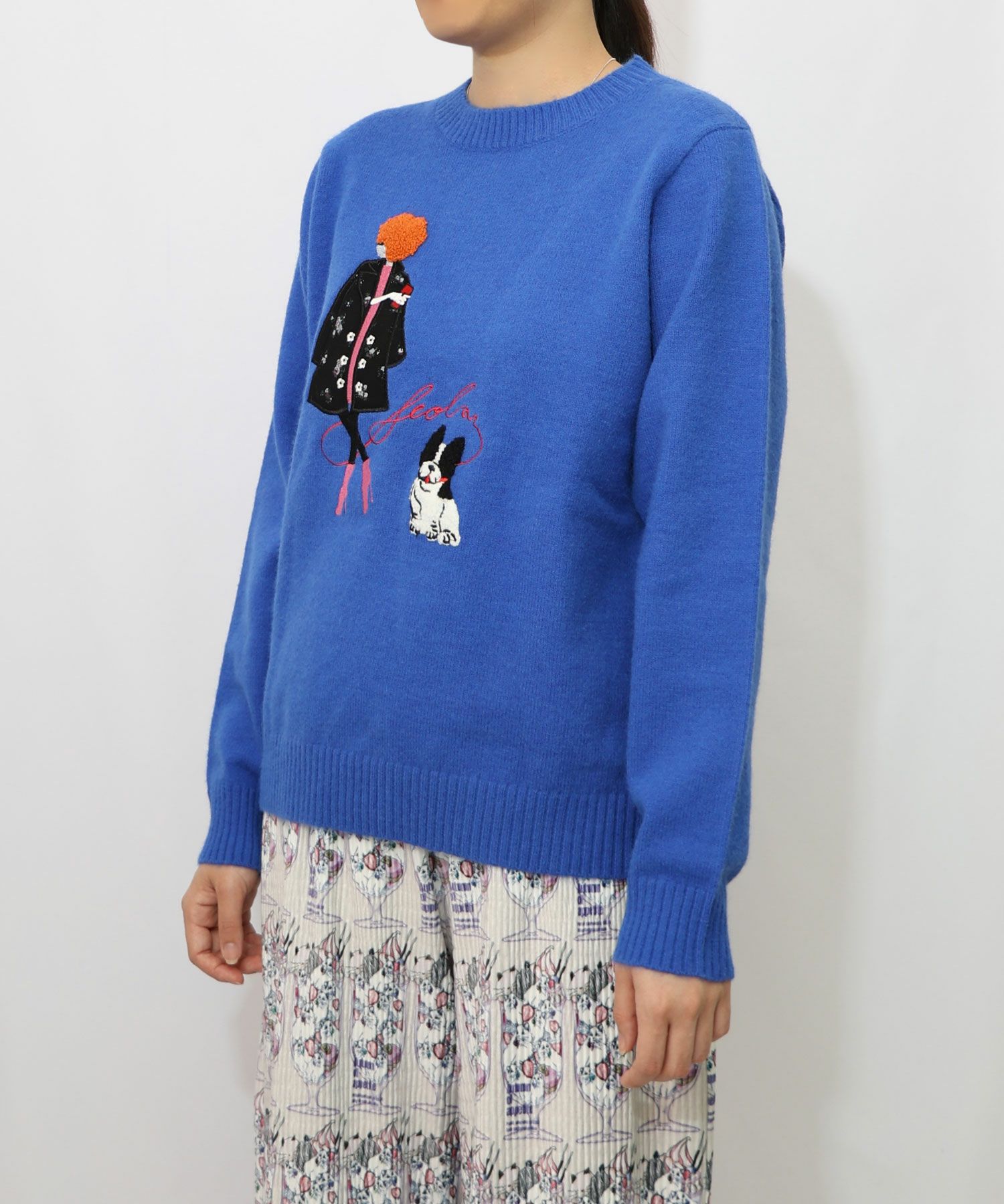 153638：女の子とワンちゃん刺繍アップリケ ニットプルオーバーの通販