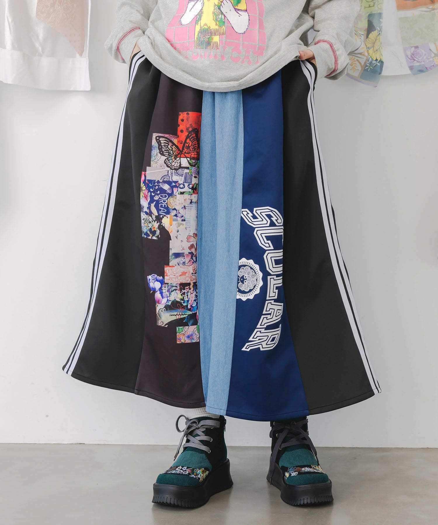 153637：ロゴコラージュ柄 デニム×ジャージ切替スカートの通販-ScoLar