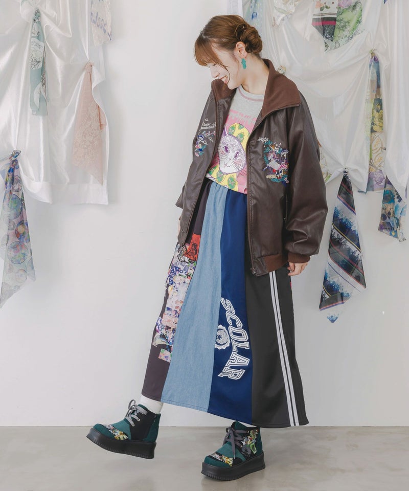 ロゴコラージュ柄 デニム×ジャージ切替スカート-7