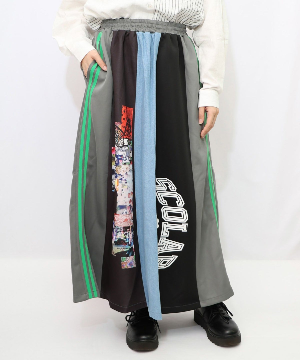 ロゴコラージュ柄 デニム×ジャージ切替スカート-11