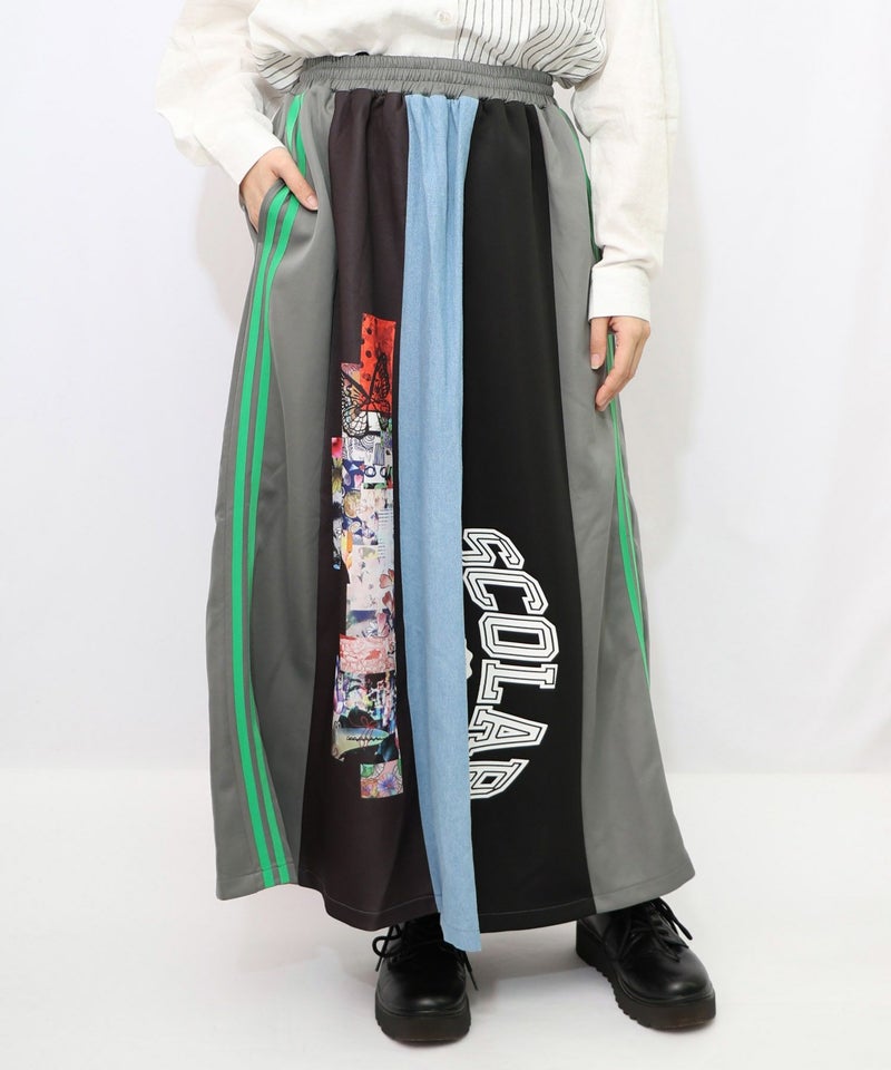 ロゴコラージュ柄 デニム×ジャージ切替スカート-11