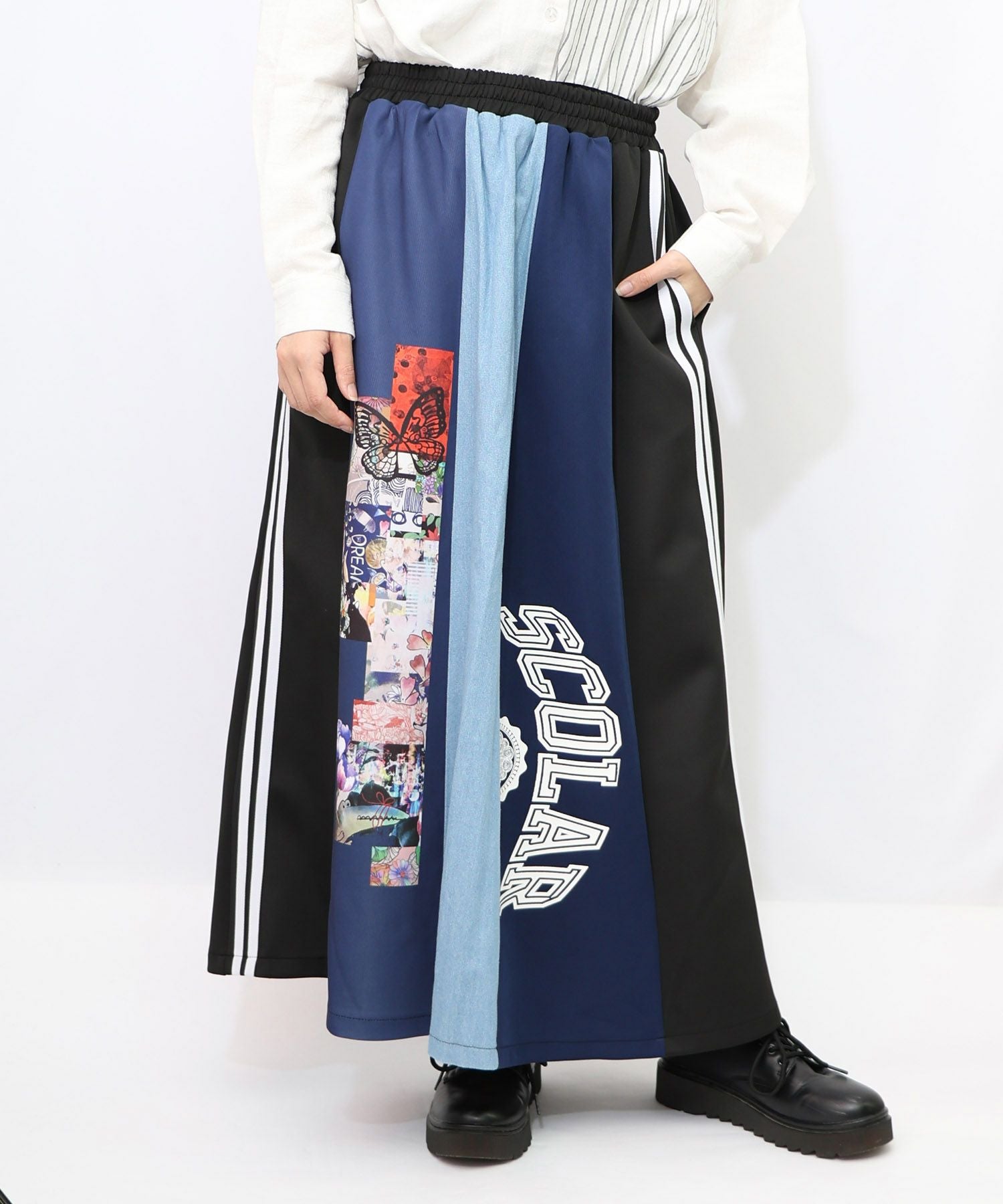 153637：ロゴコラージュ柄 デニム×ジャージ切替スカートの通販-ScoLar