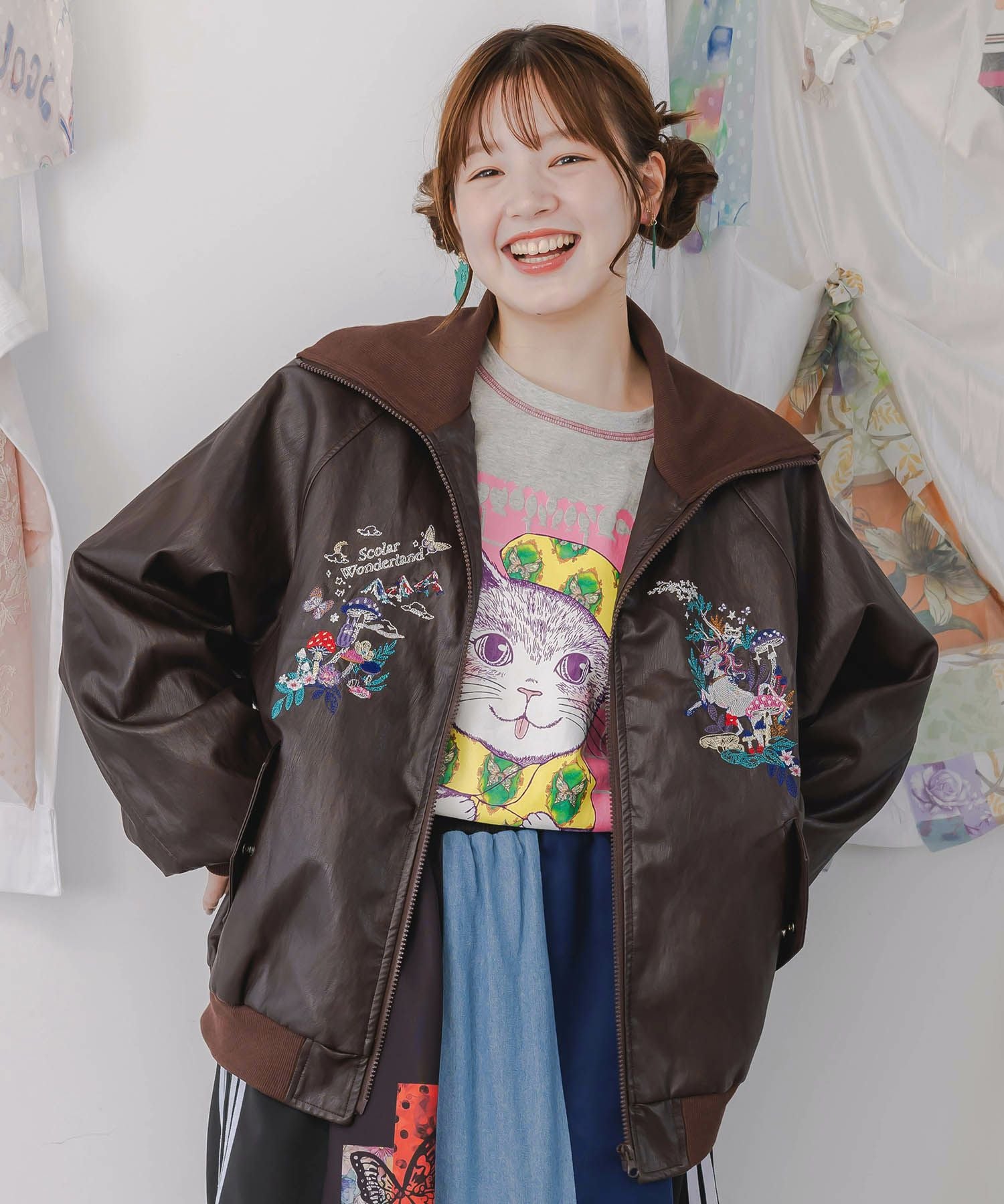 153635：スカラーとキノコ刺繍 合皮ブルゾンの通販-ScoLar