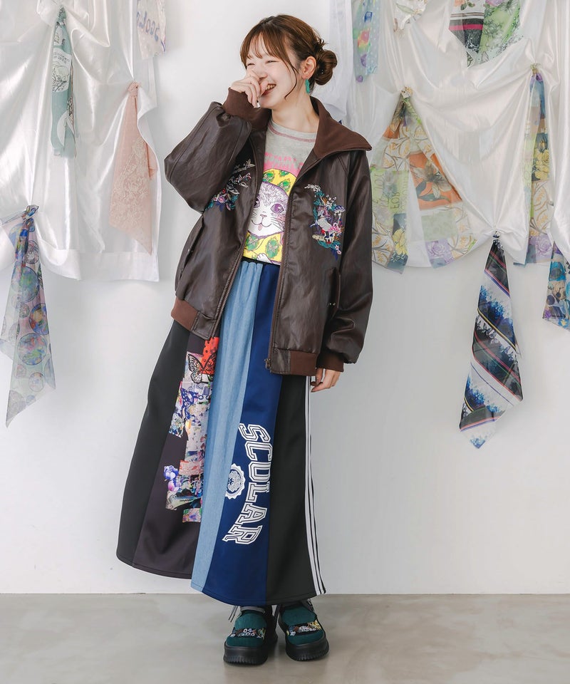 スカラーとキノコ刺繍 合皮ブルゾン-3