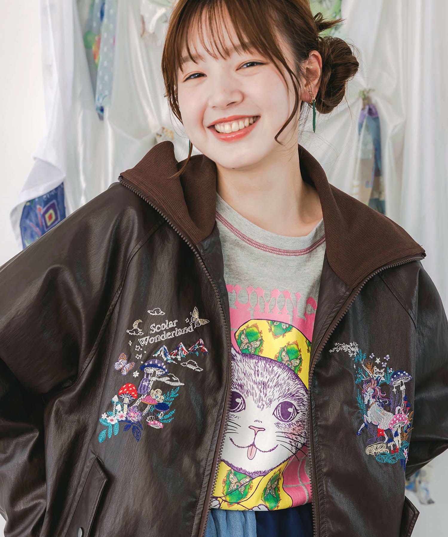 153635：スカラーとキノコ刺繍 合皮ブルゾンの通販-ScoLar