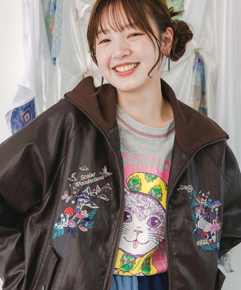 スカラーとキノコ刺繍 合皮ブルゾン-7