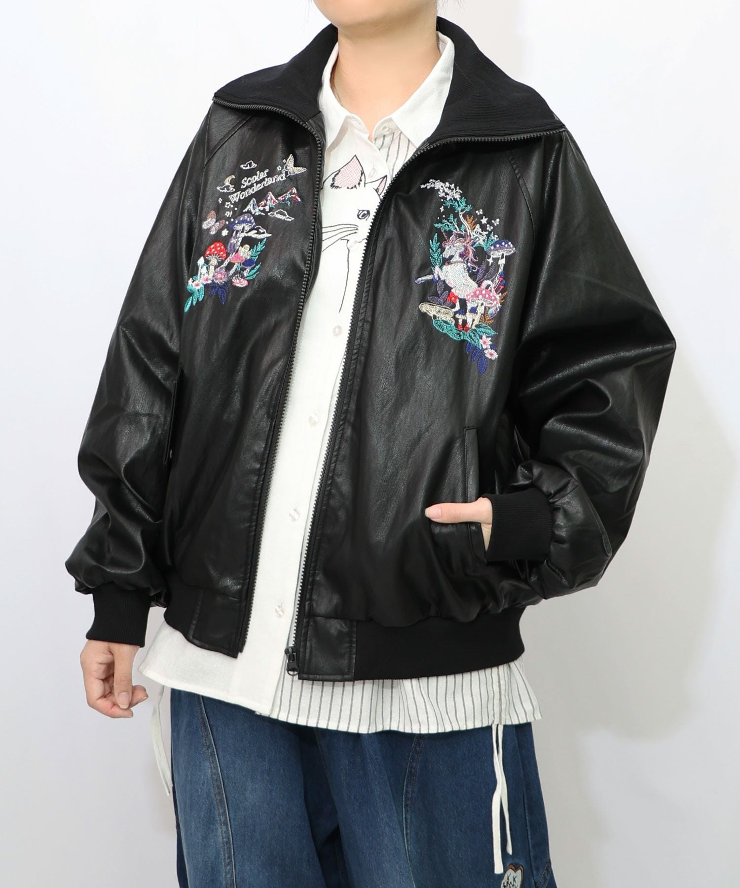 153635：スカラーとキノコ刺繍 合皮ブルゾンの通販-ScoLar