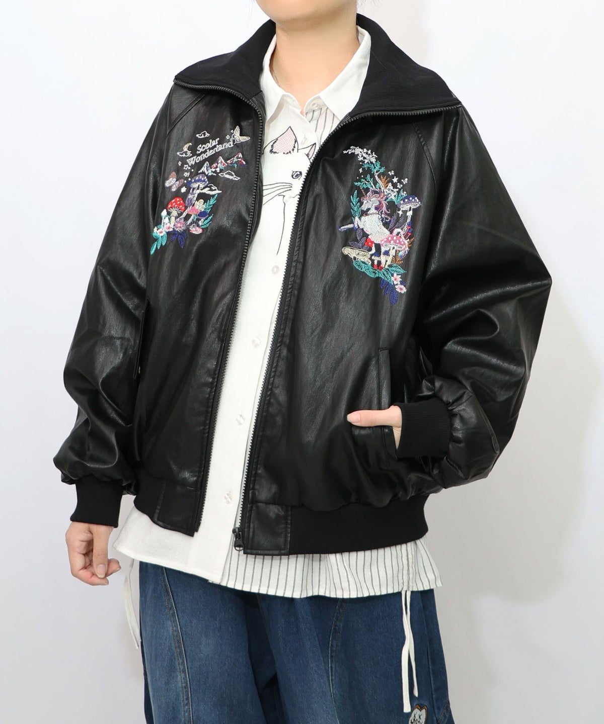 スカラーとキノコ刺繍 合皮ブルゾン-12