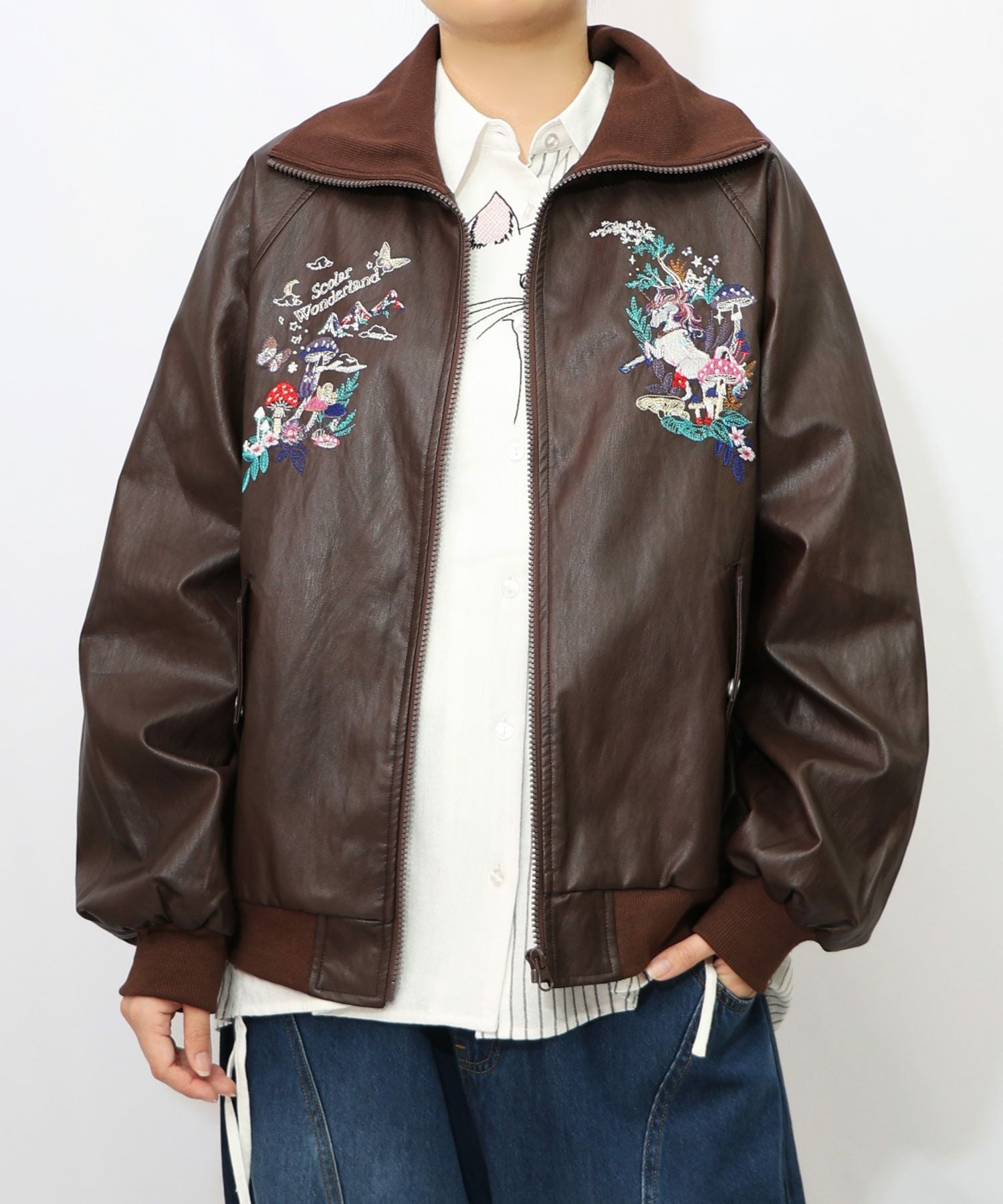 153635：スカラーとキノコ刺繍 合皮ブルゾンの通販-ScoLar