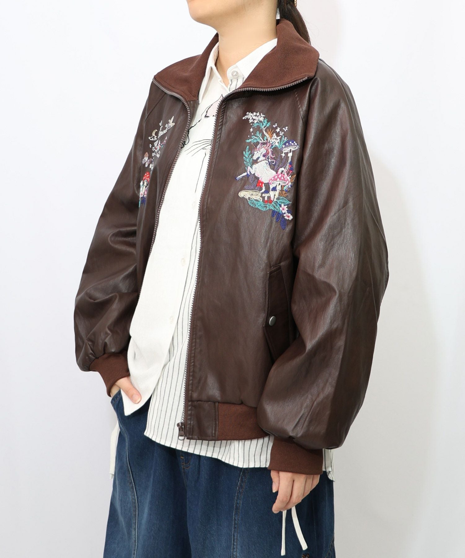 153635：スカラーとキノコ刺繍 合皮ブルゾンの通販-ScoLar
