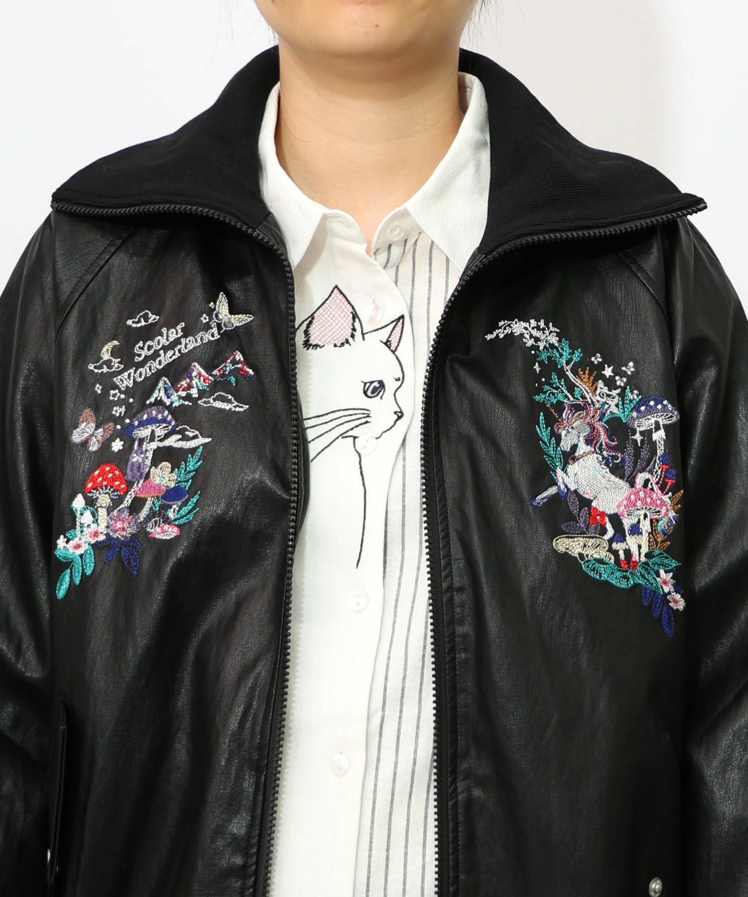 153635：スカラーとキノコ刺繍 合皮ブルゾンの通販-ScoLar