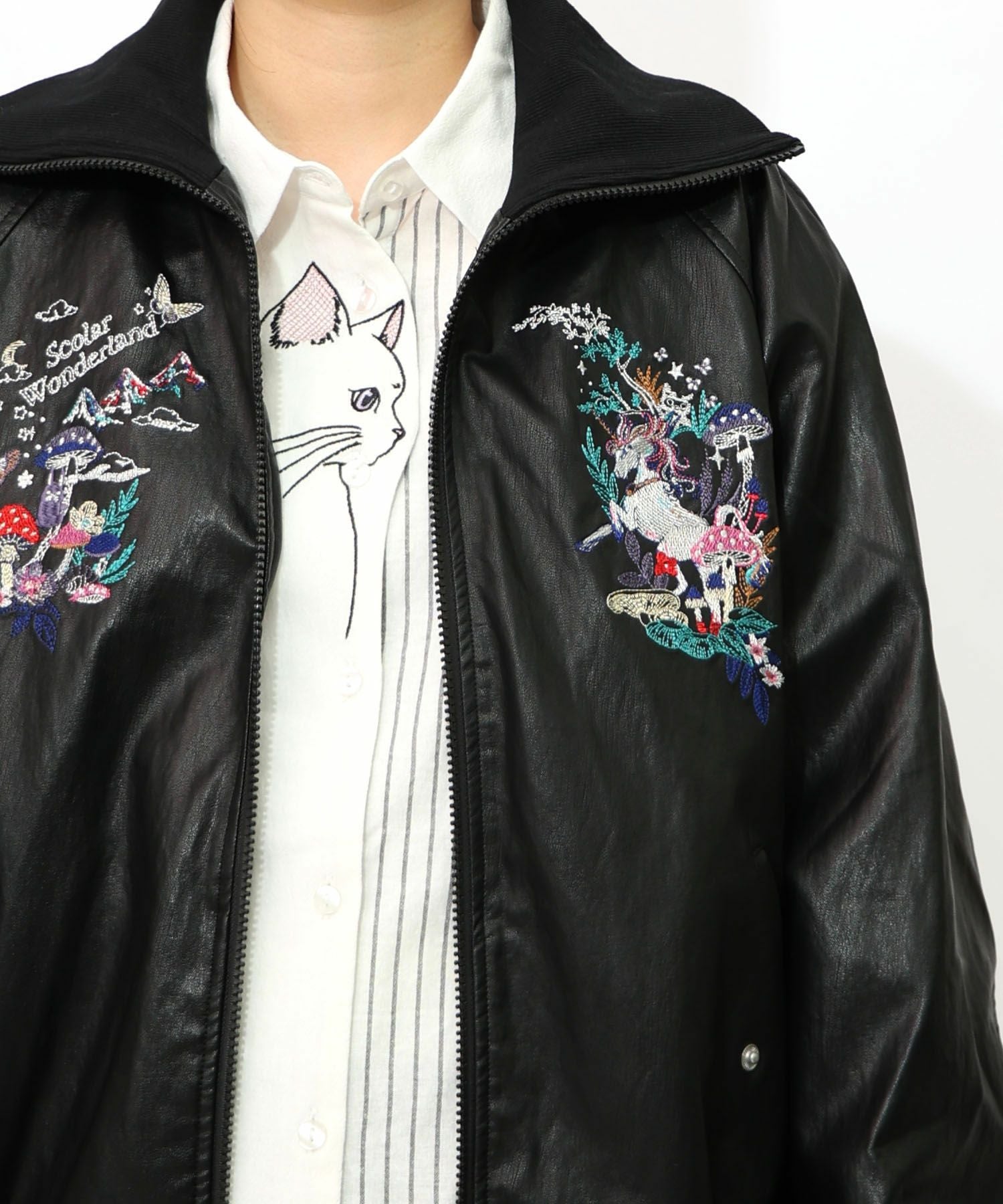 153635：スカラーとキノコ刺繍 合皮ブルゾンの通販-ScoLar