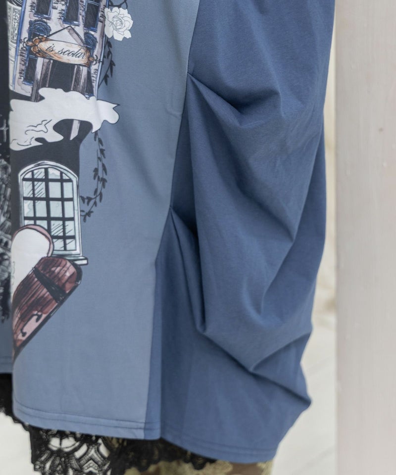 不思議な街柄タック入りワンピース-11