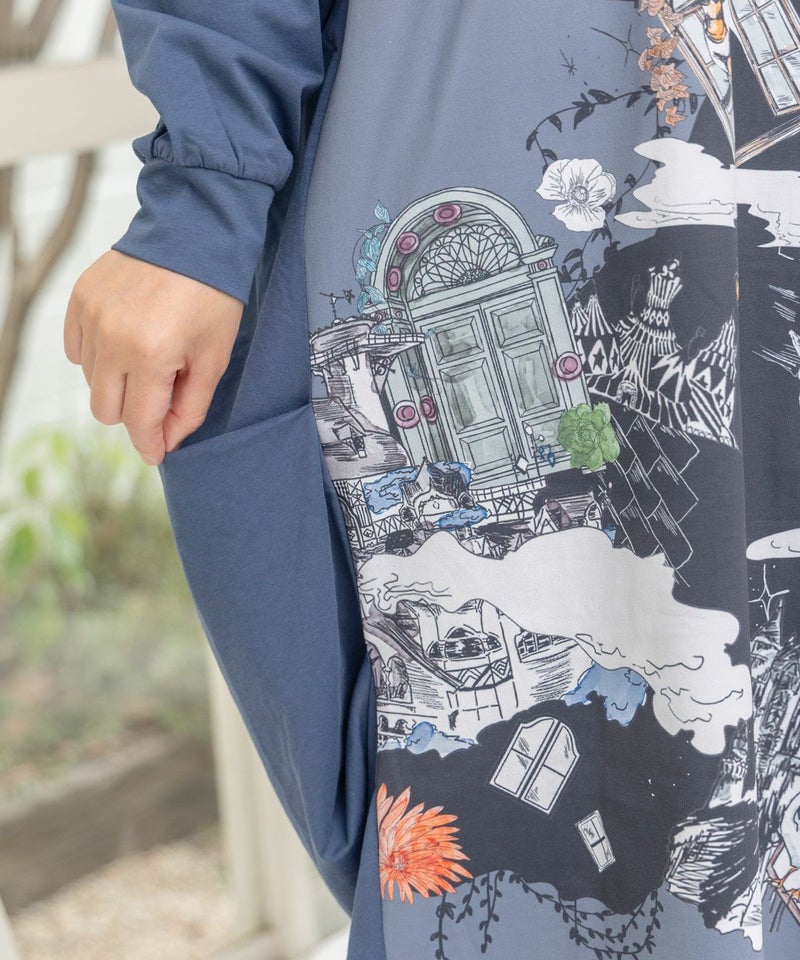 不思議な街柄タック入りワンピース-12