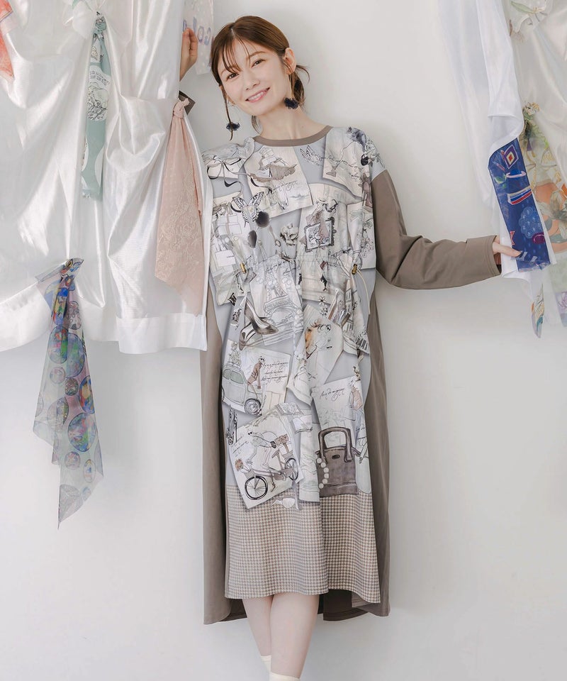 お買い物大好き女子のコラージュ柄ワンピース-1