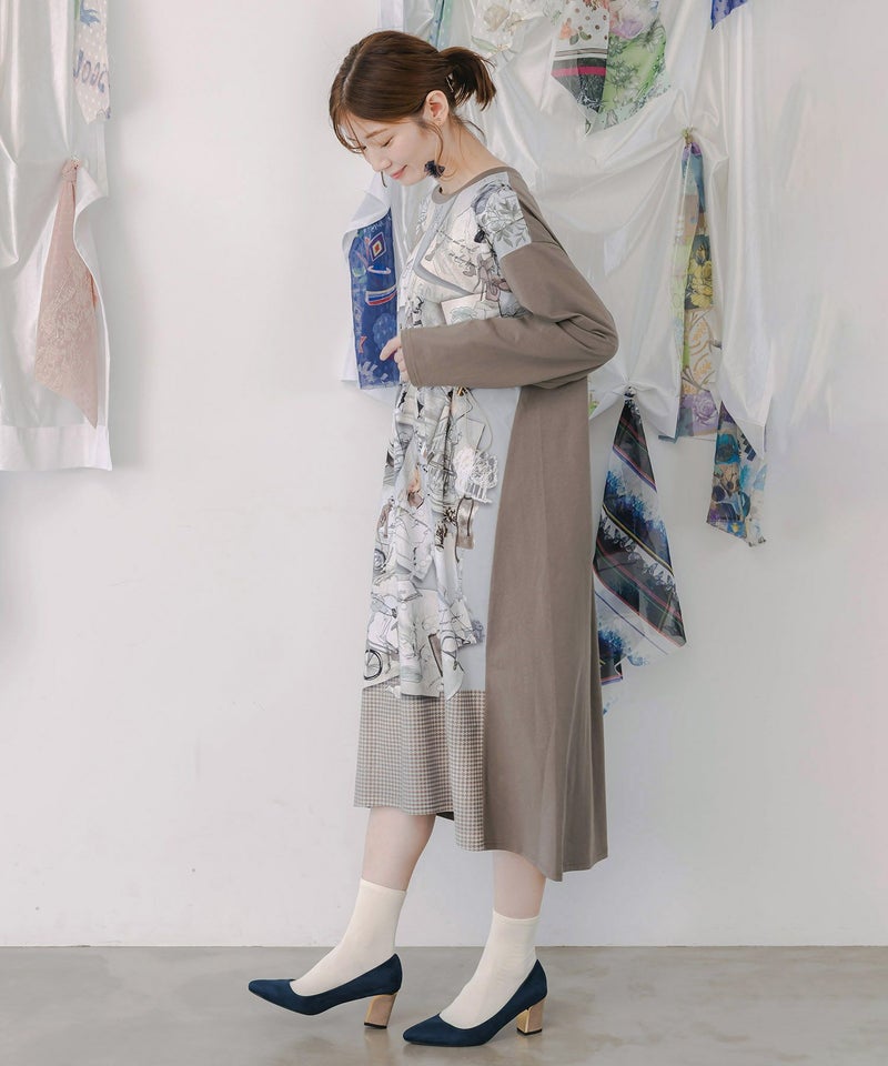 お買い物大好き女子のコラージュ柄ワンピース-5