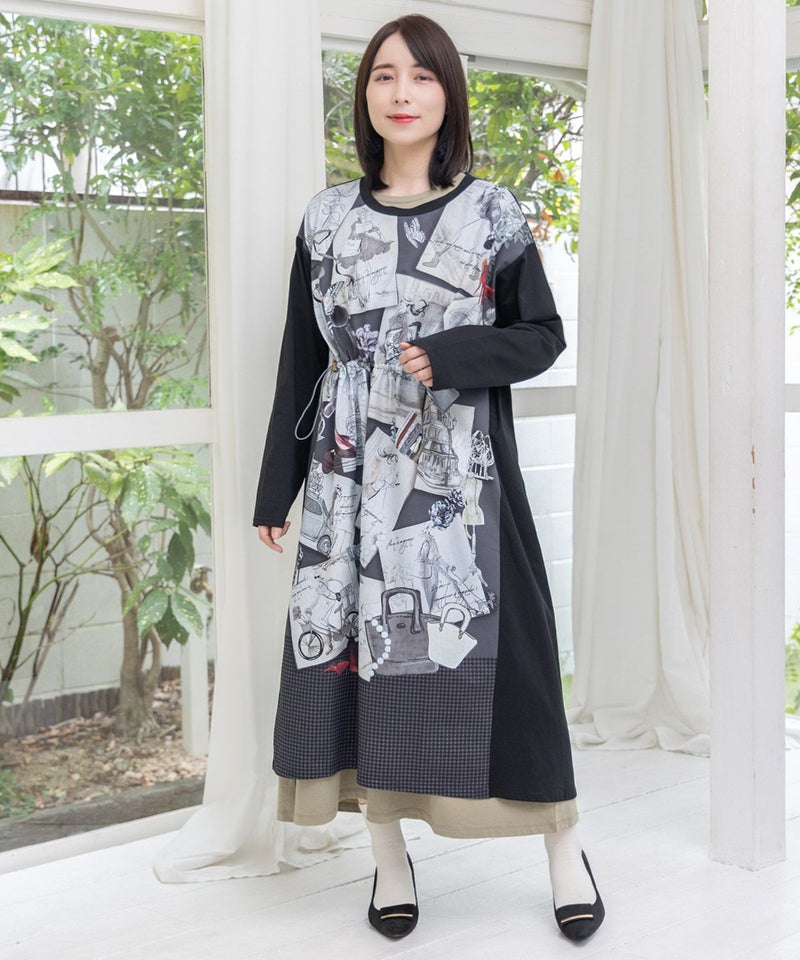 お買い物大好き女子のコラージュ柄ワンピース-9