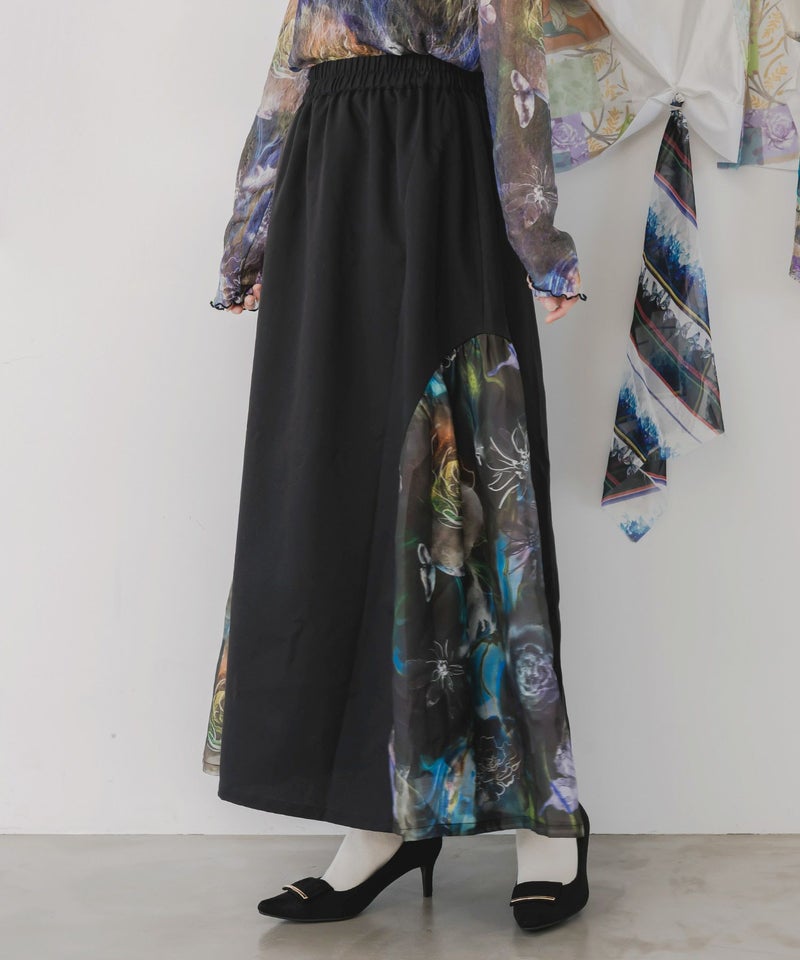 アート花柄異素材切替スカート-3
