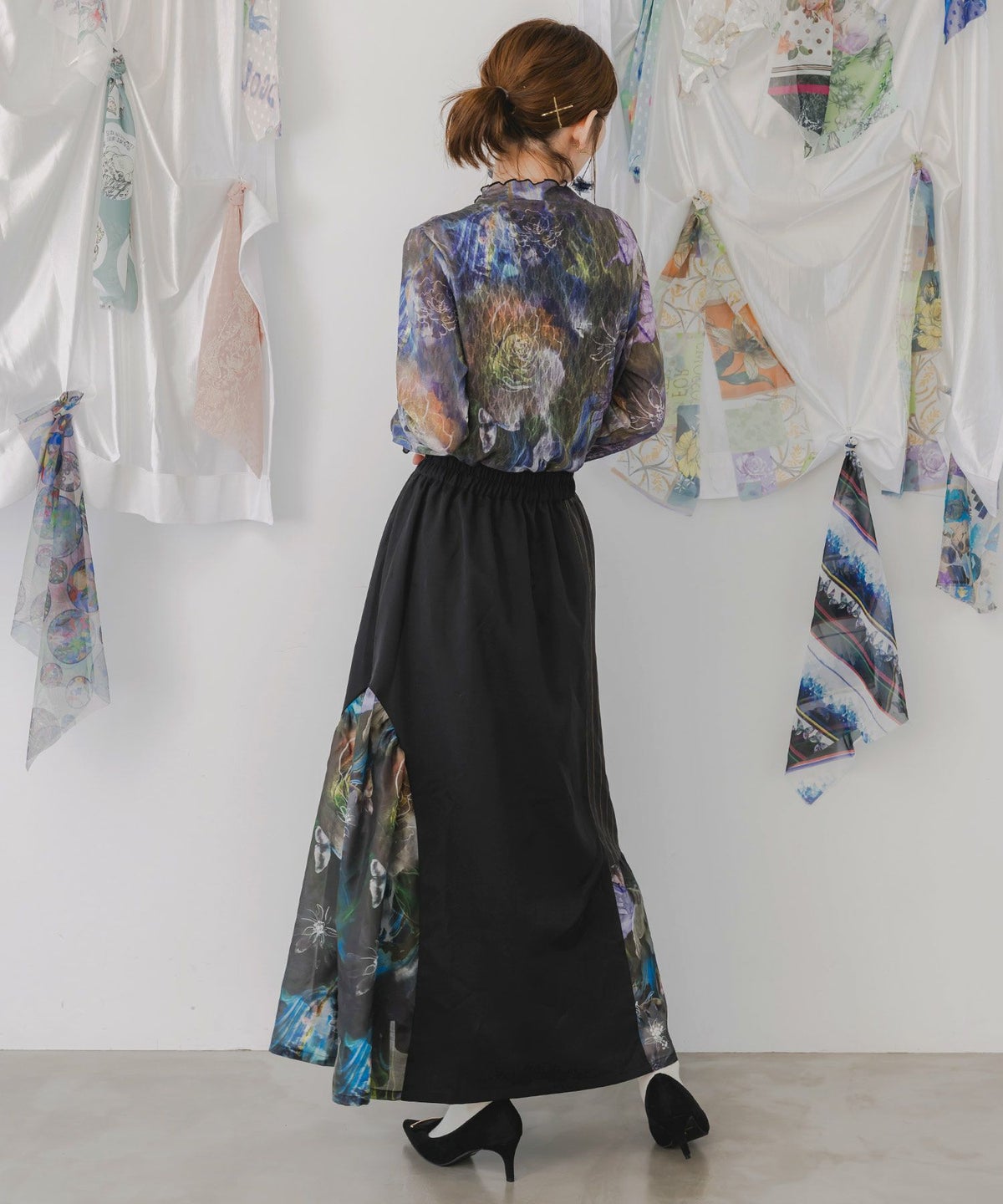 アート花柄異素材切替スカート-5